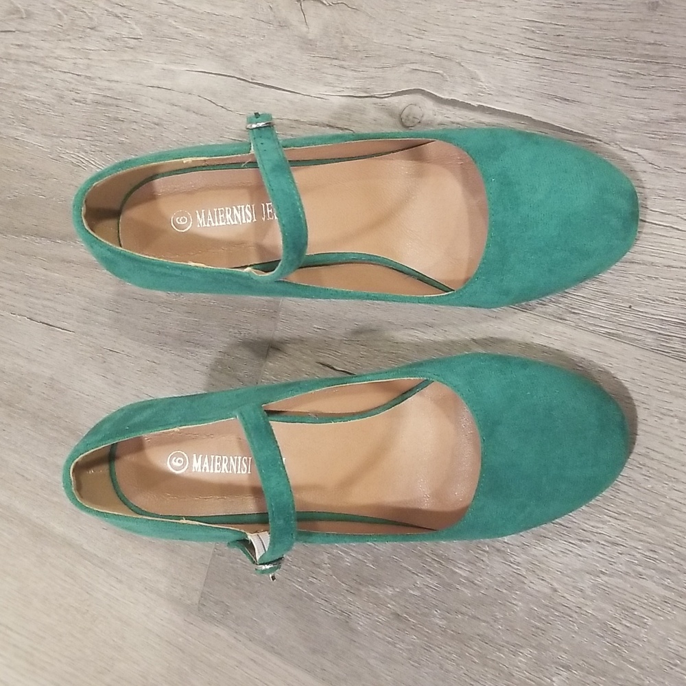 Vintage Green Suede Heels Ankle Strap Closed Mary Jane Round Toe 9 New